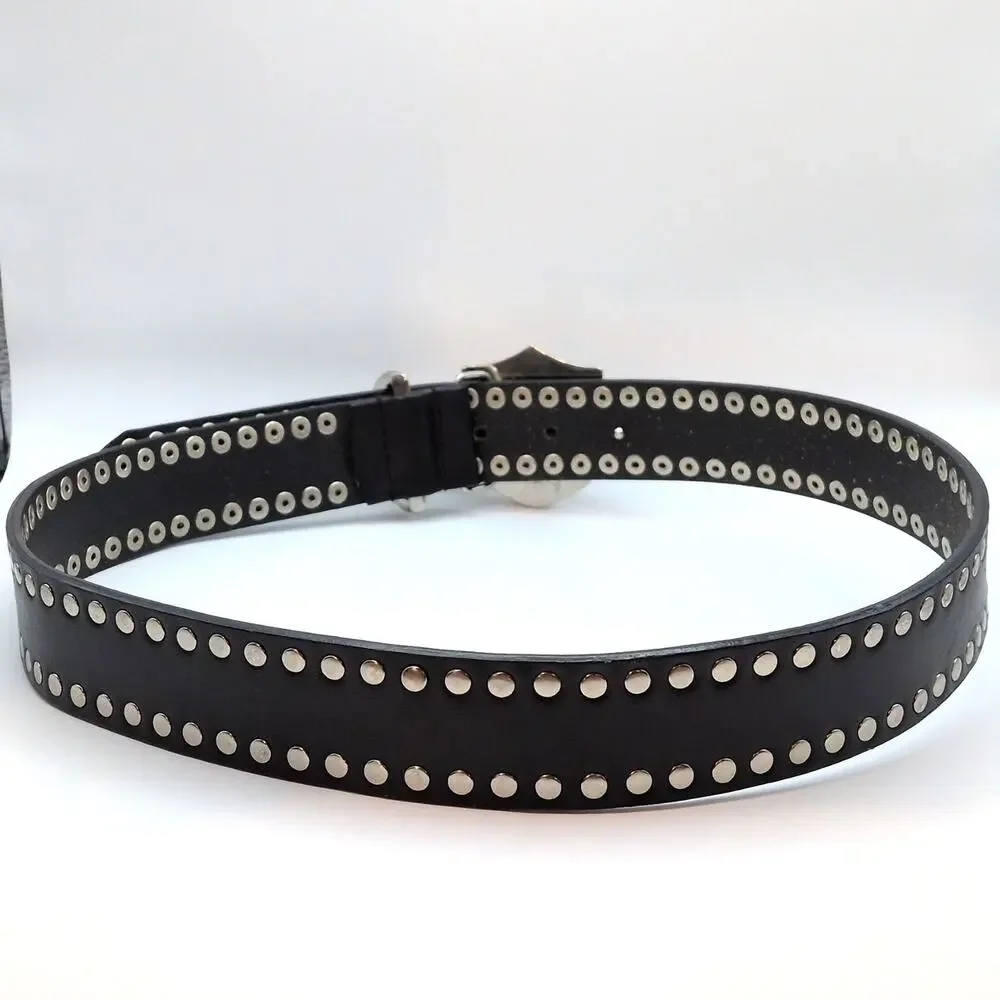 VTG Y2K Harley Davidson Moto Studded Black Leather Belt w/ Buckle 32in-36in